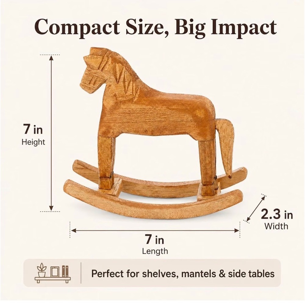 Hand Carved Wooden Rocking Horse Figurine Rustic Nursery Decor 7 Inch